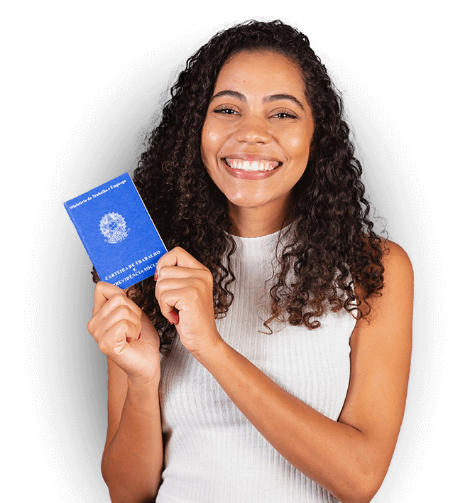 Modelo mulher segurando uma carteira de trabalho