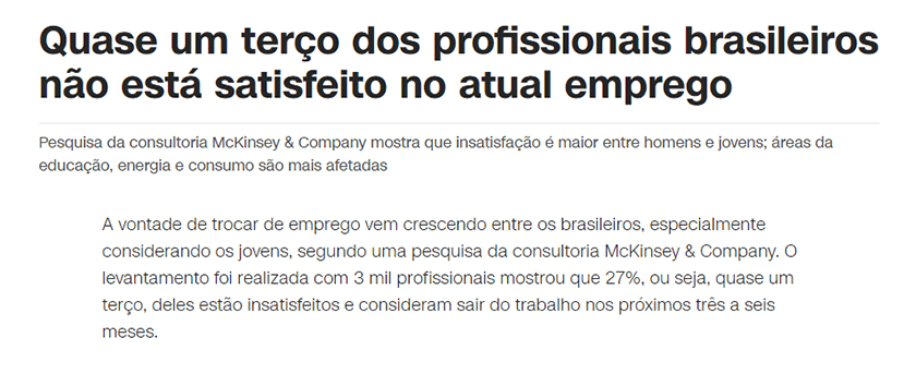 Print notícia: quase 1/3 dos funcionários brasileiros não está feliz no emprego atual